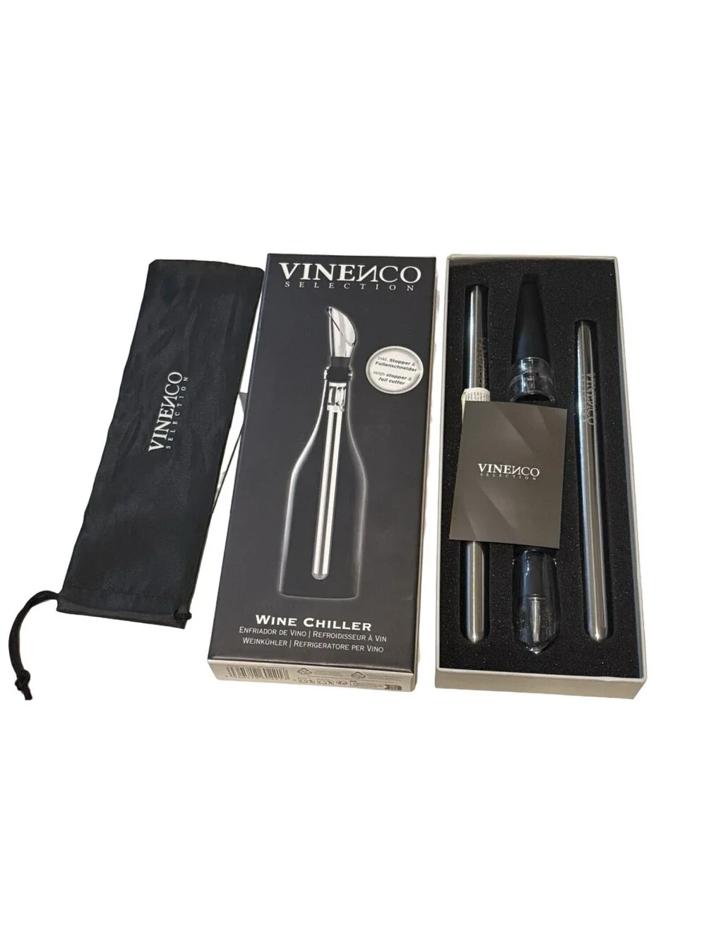 NEW~VINENCO SELECTION: Stainless Wine Chiller with Stopper & Foil Cutter/Swell